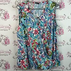 Clientele tank top metal detail button Floral Sleeveless Blouse - Blue and Red